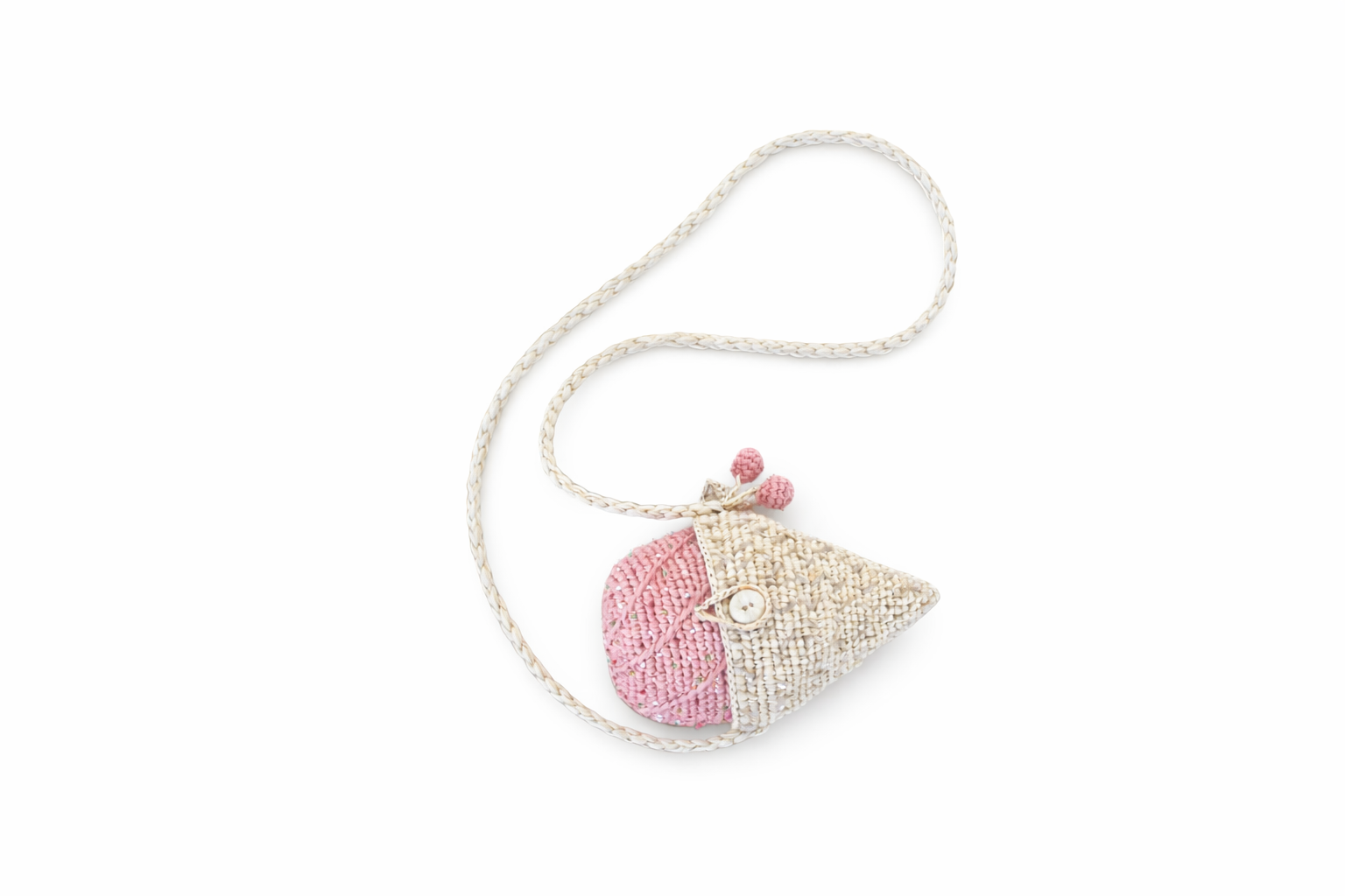 Mini sac bandoulière crocheté main bicolore beige et rose poudré — accessoire enfant raphia