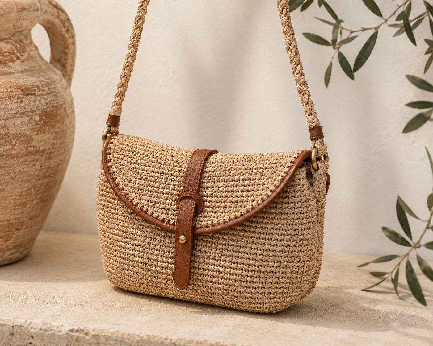 Sac raphia crocheté main à bride et anse cuir naturel — accessoire premium SOBIKA