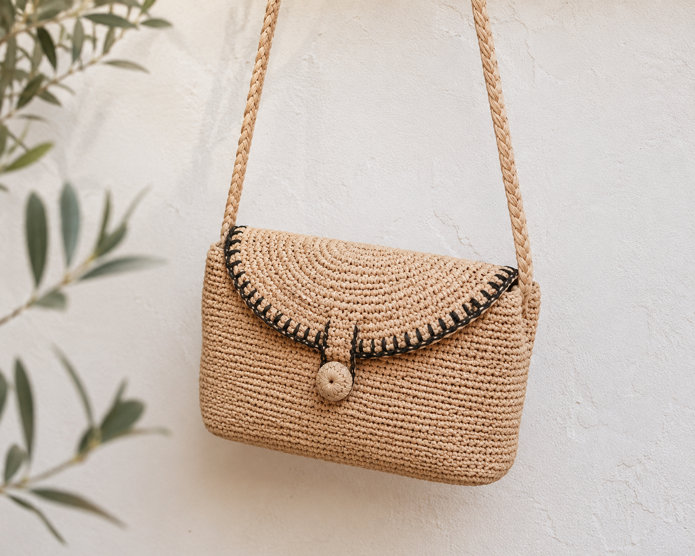 Sac bandoulière en raphia naturel crocheté main avec rabat surpiqué — atelier SOBIKA Madagascar